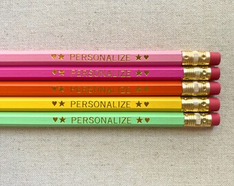 Personalized Pencil Set, 5 Custom Gold Foil Stamped Pencils for Teachers and Students, Unique Engraved Name Stationery Gift, Bulk Gifts