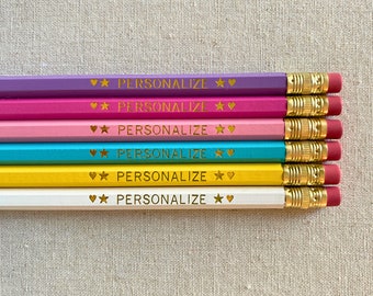 Personalized Pencil Set, 6 Custom Gold Foil Stamped Pencils for Teachers and Students, Unique Engraved Name Stationery Gift, Bulk Gifts