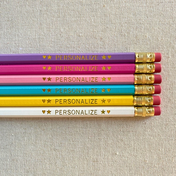 Personalized Pencil Set, 6 Custom Gold Foil Stamped Pencils for Teachers and Students, Unique Engraved Name Stationery Gift, Bulk Gifts