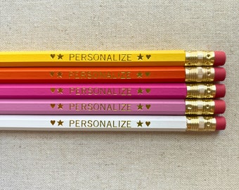 Personalized Pencil Set, 5 Custom Gold Foil Stamped Pencils for Teachers and Students, Unique Engraved Name Stationery Gift, Bulk Gifts