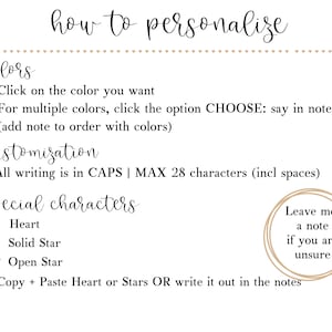 May include: A guide on how to personalize a product with color choices, customization options, and special characters. The text includes instructions on how to choose colors, add notes for customization, and use special characters like hearts and stars. The text also includes a note to leave a message if unsure about any of the options.