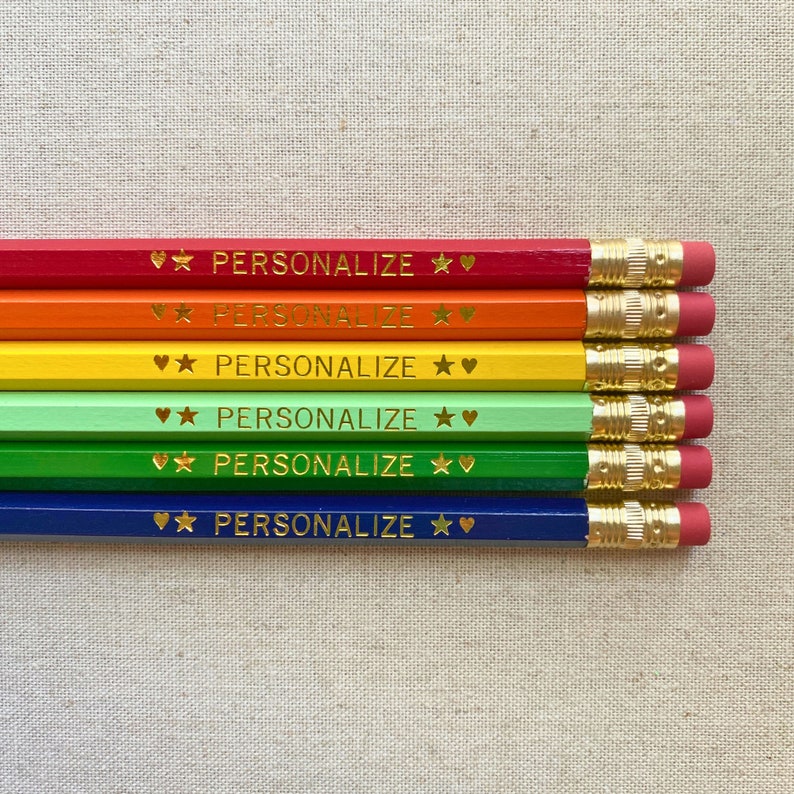 6 Personalized Pencil Set. Red, Orange, Yellow, Pastel Green, Green, Navy Blue