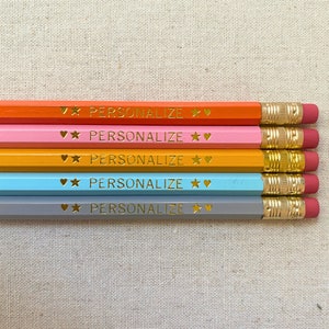 Personalized Pencil Set, 5 Custom Gold Foil Stamped Pencils for Teachers and Students, Unique Engraved Name Stationery Gift, Bulk Gifts
