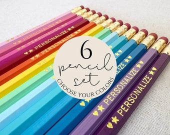 6 Personalized Pencils Set: Customize with name or phrase hand stamped in gold foil