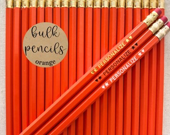 Engraved Orange Pencils: Personalized Gold Foil, Bulk Wedding Favors