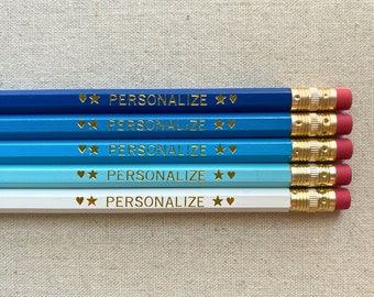 Personalized Pencil Set, 5 Custom Gold Foil Stamped Pencils for Teachers and Students, Unique Engraved Name Stationery Gift, Bulk Gifts
