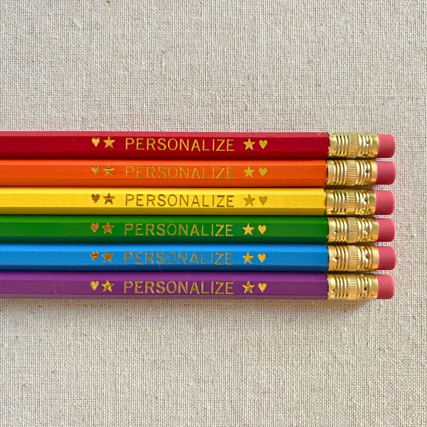 Personalized Pencil Set, 6 Custom Gold Foil Stamped Pencils for Teachers and Students, Unique Engraved Name Stationery Gift, Bulk Gifts