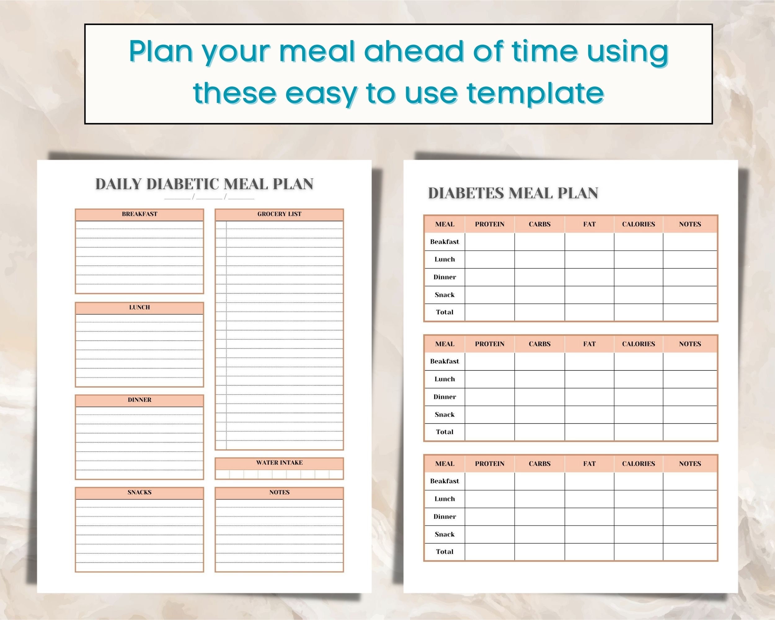 Diabetes Meal Plan, Weekly Menu Planner for Diabetic Calorie Tracker