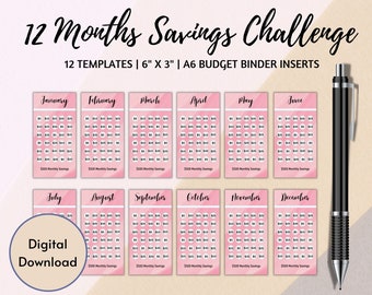 12 Month Savings Challenge Trackers, Printable Mini Savings Challenge, Money Savings Challenge, Fit A6 Budget Binders Cash Envelopes