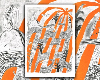Könnte beinhalten: Eine Schwarzweißillustration eines gewundenen Weges mit orangefarbenen Streifen. Der Weg ist von Bäumen, Vögeln und Schmetterlingen umgeben. Die Sonne scheint hell am Himmel.