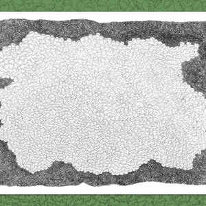 Puede incluir: Dibujo en blanco y negro a pluma y tinta de una forma similar a una nube con un aspecto texturizado y punteado. La forma central es blanca, rodeada por un borde oscuro. La obra de arte está sobre un fondo blanco con un borde verde.
