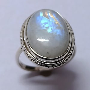Natural Rainbow Monostone Cabochon Ring, 925 Silver Ring, Moonstone Ring, Dainty Ring, Valentine, 13 X 18 MM Oval Shape Silver Ring
