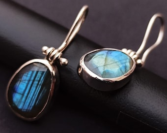 Natural Labradorite Faceted Earrings -925 Sterling Silver- Hanging Labradorite Earrings- Minimalist Earrings- Blue Labradorite Jewelry