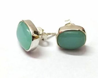 Aqua Chalcedony Stud Earrings -925 Sterling Silver- Chalcedony Studs- Minimalist Earrings- Chalcedony Jewelry