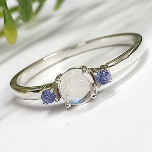 925 Sterling Silver Ring With Natural Rainbow Moonstone Cabochon and Tanzanite Faceted Gemstone, 925 Silver Jewelry, Minimalist Jewelry