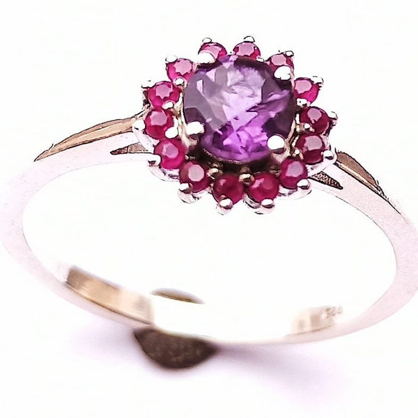 925 Sterling Silver Handmade Ring With Natural Amethyst & Indian Ruby Faceted Gemstone,Round Shape Gemstone,925 Silver Jewelry