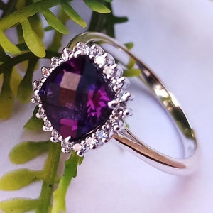 925 Sterling Silver Handmade Ring With Natural African Amethyst and Zircon Faceted Gemstone,Cushion Shape Gemstone,925 Silver Jewelry