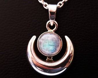 Rainbow Moonstone Crescent Moon Necklace, Sterling Silver 8 MM Rainbow Moonstone Necklace, Sterling Silver Crescent Moon Necklace: ECLIPSE