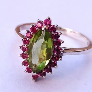 925 Sterling Silver Handmade Ring With Natural Peridot And Indian Ruby Faceted Gemstone,Marquise Shape Gemstone,925 Silver Jewelry