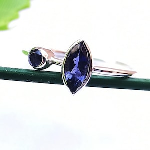 925 sterling zilveren ring met natuurlijke iolite beide gefacetteerd edelsteen, markies vorm edelsteen, 925 zilveren sieraden