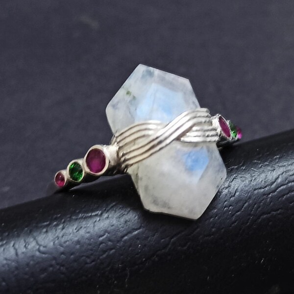 925 Sterling Silver Delicate Handmade Ring With Natural Indian Ruby and Moonstone Pencil Gemstone, Designer Jewelry, 925 Silver Jewelry