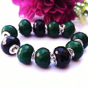 Natural Black Onyx and Green Jade Faceted Rondelle Beads Beautiful Bracelet with 925 Sterling Silver Core and Silver Chain.