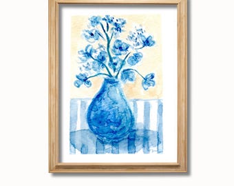 Blue & White Floral Vase Art Print | Chinoiserie Inspired Decor | Watercolor Flower Still Life | Cottage Wall Art