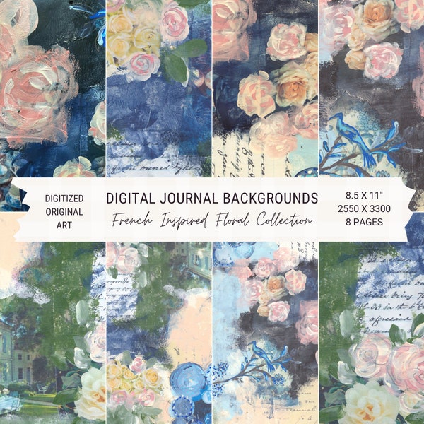 Printable French Floral Inspired Journal Mixed Media Digital Backgrounds - Set of 8 Instant Download PDF Files