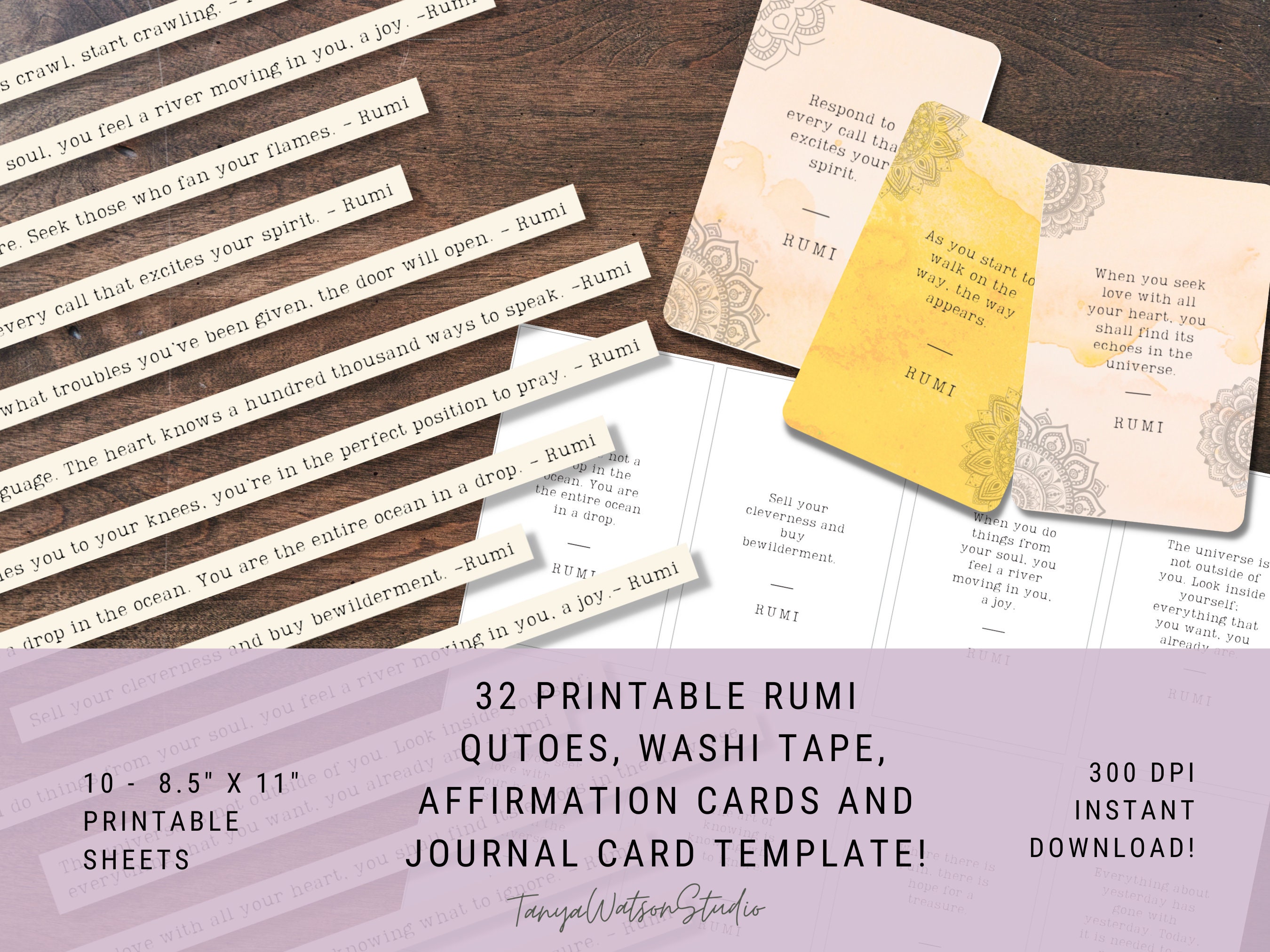 Printable Rumi Wide Rumi Quote Cards: Printable Washi Tape & Journal Template (digital ...