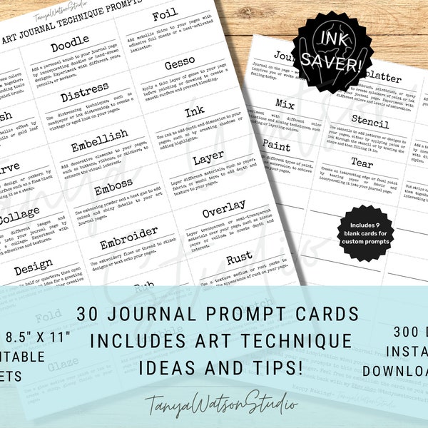 Printable Art Journal Prompt Cards featuring 30 Art Technique Prompts for Instant Download by Tanya Watson Studio