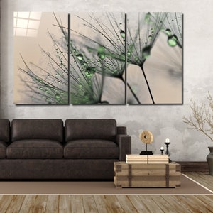 Dandelion Dew Drops Tempered Glass Wall Art - 3 Panel Extra Large Print