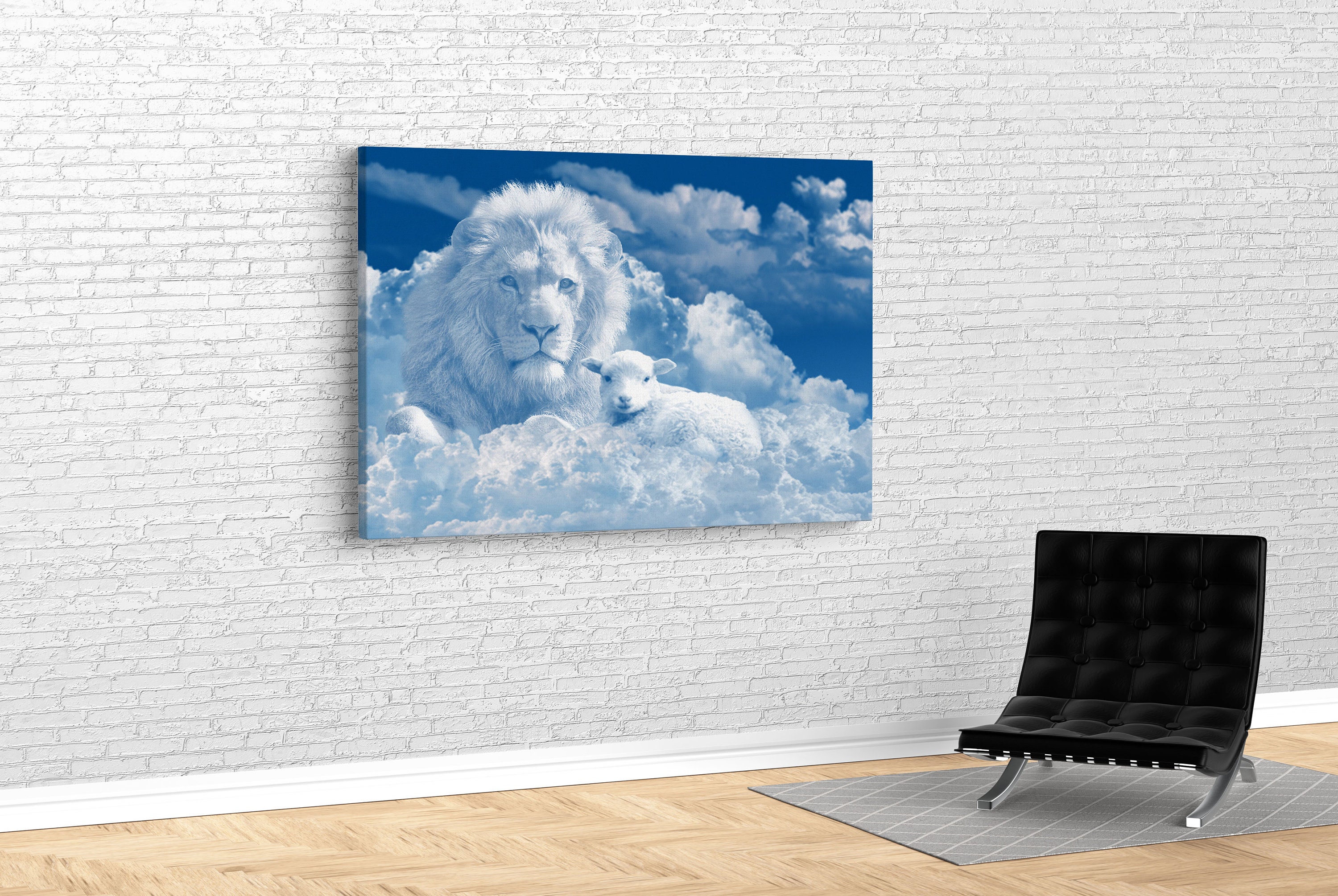 Quadro Su Tela Leone E Agnello – Stampa Artistica Religiosa Cristiana Con Croce Tra Le Nuvole, 30x40 O 40x60 Cm, Per Casa E Chiesa
