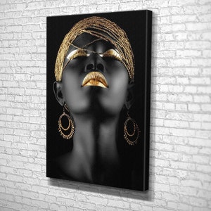 Canvasafdruk Afrikaanse vrouw: Afro-schoonheid gouden portret, kunst aan de grote muur