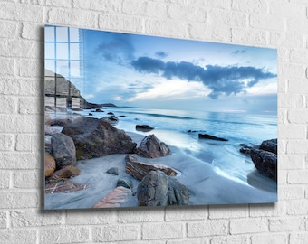 Felsen am Strand Gehärtetes Glas Druck Wandkunst, natürliche und lebendige Wanddekoration, moderne Wandkunst, extra große Wandkunst