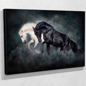 Black&White Horses Print on Canvas , Floating Frame Option, Modern Wall Art, Canvas Wall Art , Extra Large Wall Art