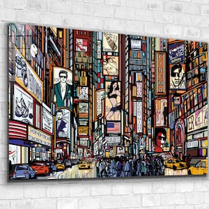 New York Illustration Tempered Glass Wall Art: Extra Large NYC Decor