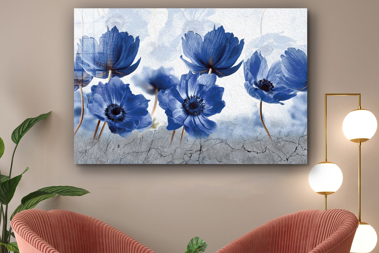 Blue Flowers Tempered Glass Printing Wall Art Natural and Etsy