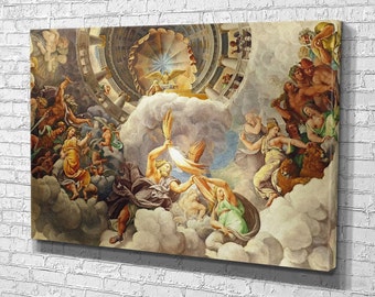 May include: A colorful painting depicting a scene from Greek mythology. The painting features a central figure holding a torch, surrounded by other figures, including a lion and a group of people. The painting is set against a background of clouds and a circular structure.