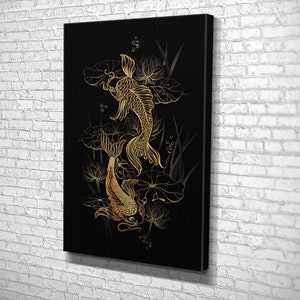 Koi Carps and Lotus-Asian Spiritual Symbols Print on Canvas , Floating Frame Option, Modern Wall Art, Canvas Wall Set , Extra Large Wall Art