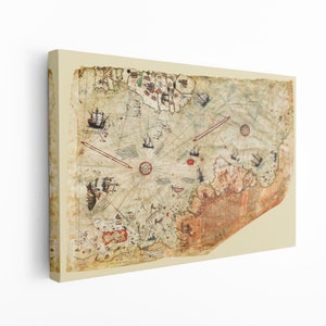 Piri Reis Karte auf Leinwand Wandkunst, Floating Frame Option mit Farbe, extra große Wandkunst