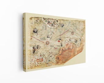 Piri Reis Map on Canvas Wall Art ,   Floating Frame Option with Color ,  Extra Large Wall Art