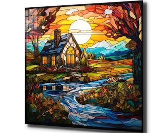 Tempered Glass Wall Art: Stained River Window Landscape