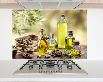 Décoration de cuisine / Dosseret de cuisine / Planche à découper / Dosseret en verre trempé / Décoration murale de cuisine / Décoration de cuisine à l'huile d'olive