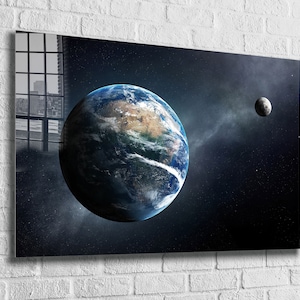 Earth & Moon Tempered Glass Wall Art: Vivid Space Decor