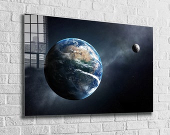 Earth & Moon Tempered Glass Wall Art: Vivid Space Decor