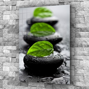 Zen steen en bladeren popart gehard glas afdrukken kunst aan de muur, levendige muurkunst, extra grote muurkunst, kerstcadeau, mega glazen wanddecoratie