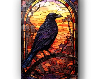 Art mural en verre trempé / Art mural teinté / Décoration murale d&#39;Halloween / Grande oeuvre d&#39;art murale / Décoration de fenêtre de corbeau / Cadeau d&#39;Halloween / Cadeau parfait