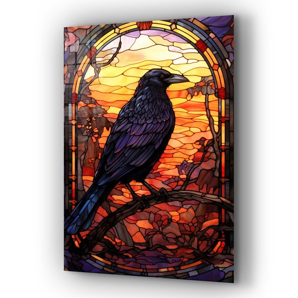Tempered Glass Wall Art / Stained Wall Art / Halloween Wall Decor / Large Wall Art / Crow Window Decor / Halloween Gift / Perfect Gift