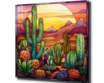 Art mural en verre trempé / oeuvre d&#39;art murale teintée / décoration murale fleur / grande oeuvre d&#39;art murale / décoration de fenêtre coucher de soleil cactus teinté / cadeau de Noël