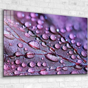 Purple Leaf Tempered Glass Wall Art: Rain Drops, Vivid Decor